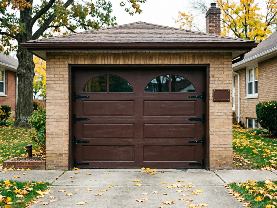 A brown garage door with arched windows and decorative hinges on a brick garage.